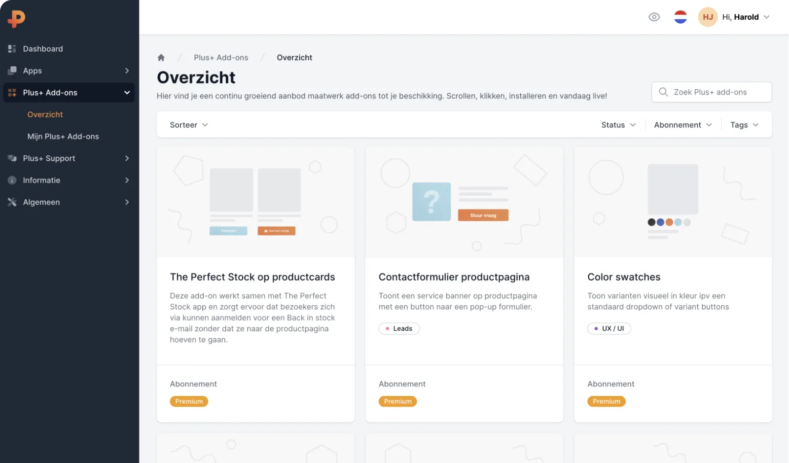 Overzicht van alle add-ons in het Plus+ dashboard